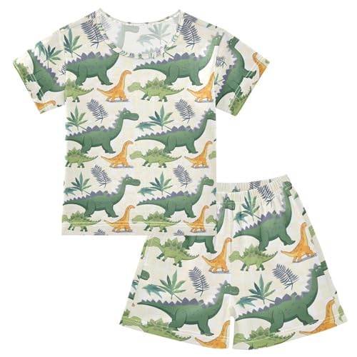 ALAZA Dinosaur Palm Tree Leaf Pajamas Set Short Sleeve Cotton Sleepwear Summer Pjs 2 Piece 5-14Y