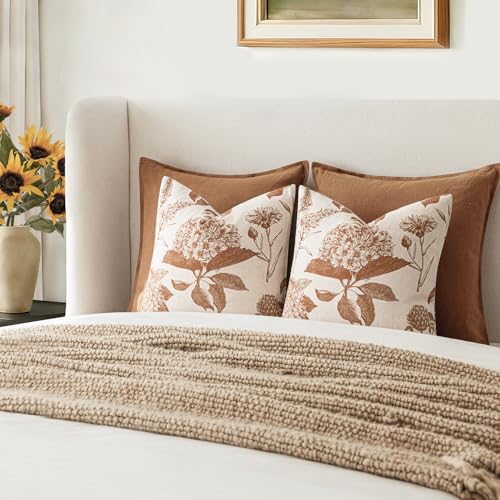 Image of Foindtower Set of 2 Linen Floral Throw Pillow Covers Vintage Accent Print Decorative Cozy Cushion Covers Farmhouse Boho Home Decor for Sofa Chair Couch Bedroom Living Room,20x20 Inch,Autumn Orange