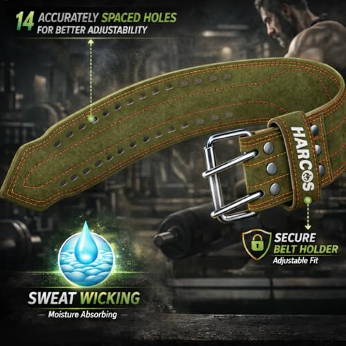 Image of Harcos Leather Weightlifting Gym Belt for Men & Women with Prone Buckle | Back Support Belt for Lifting, Squats, Deadlifts, Powerlifting & Strength Training | Adjustable Waist Workout Gym United states power lifting association & IPL Approved (Army-Green, S)