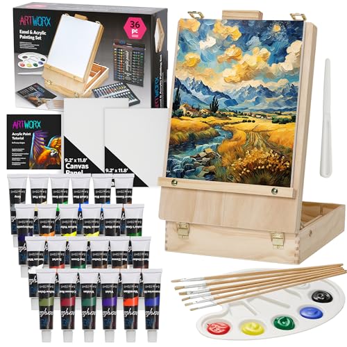 Artworx Painting Set for Adults - Box Easel - Portable Table Top Easel - Kit Includes 2 x Canvasses, 24 x Paints & 6 Brushes - Canvas Painting Set