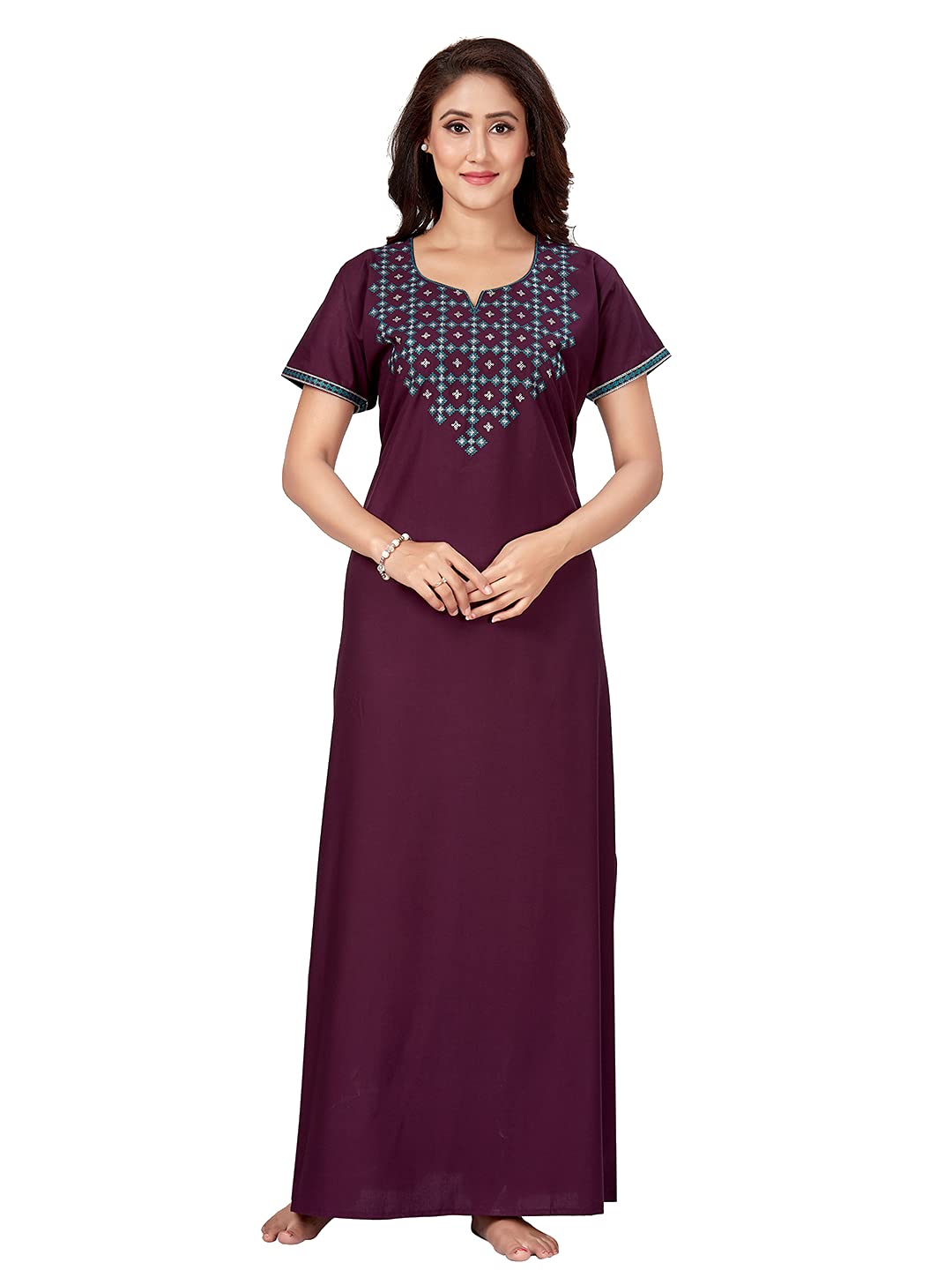 SAND DUNE A-line Night Gown with Embroidery Detailing in Soft and Breathable - Wine (Size - Large)-image-22