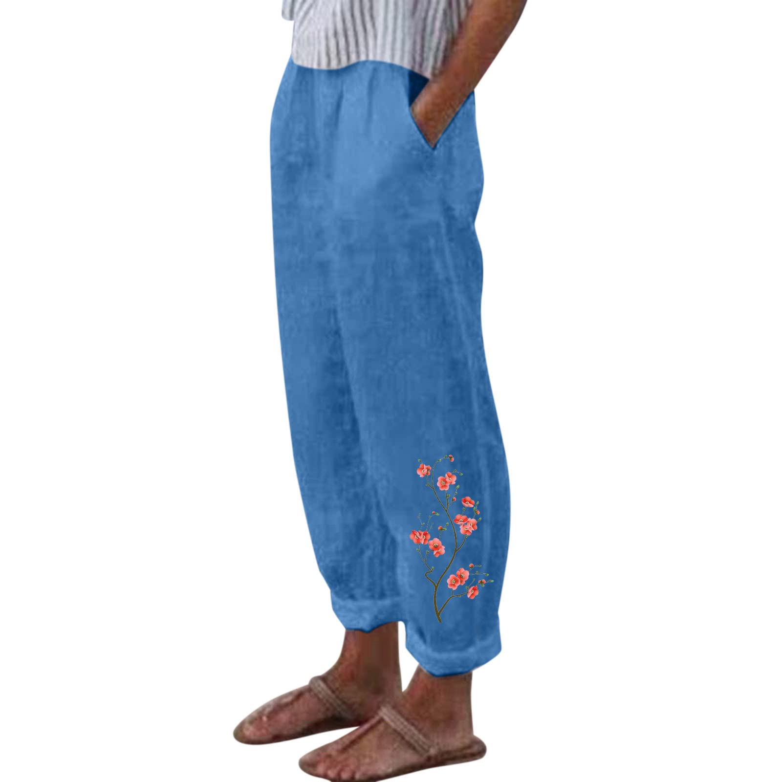 Pantaloni Donna Estivi In Cotone E Lino, Vita Alta Elasticizzata, Leggeri Con Tasche, Tinta Unita Eleganti