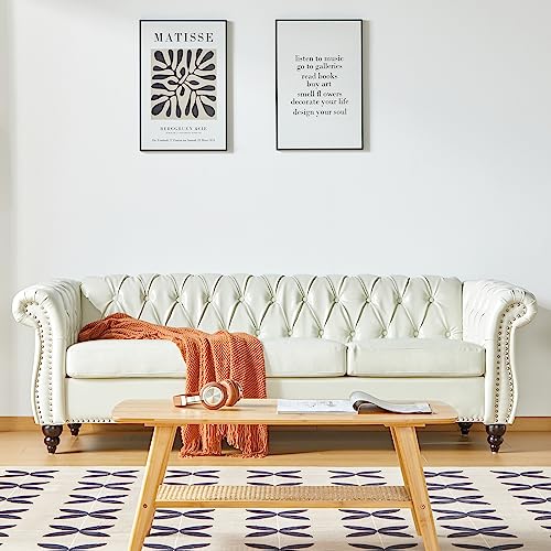 Image of QHITTY Accent Large Sofa, Chesterfield Couch 3 Seater Modern Leather Couch Upholstered Sofa with Tufted Back for Living Room Furniture (White)