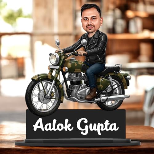 Image of Taxton Custom Bike Rider Caricature Personalized Wooden Bike Photo Frame for Men | 7.5 Inch Durable Double Wood Print with Acrylic Name Plate (Army)