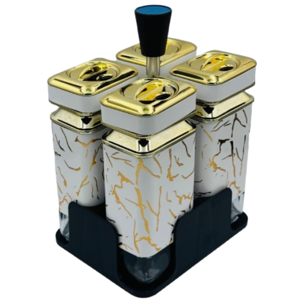 UAE Felcon 4 Piece Gold Plated Spice Jar Set with Glass Containers and Metal Lids Marble Design Ideal for Organizing Spices Elegant Storage for Kitchen Countertops and Cabinets