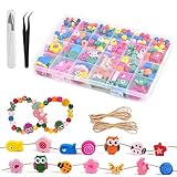 Culinavog 450pcs cuentas de madera para pulseras, perlas infantiles para enhebrar, Pinzas y cuerda, Figuras de flores y animales, kit pulseras Para pulsera, diadema, joyas, manualidades, edad