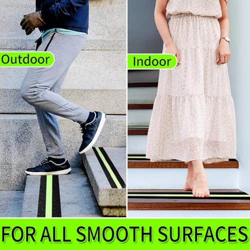 Image of Oudain 20Meter Anti Slip Tape with Glow in Dark Stripe for Stairs Waterproof Non Slip Strips for Stair Treads Black & Green Non-Slip Traction Tapes