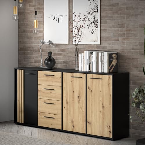 Forte Cardigan Kommode 180, Moderne Kommode, 3-türig mit Lamellendesign, 4 Schubladen, Wohn-/Schlafzimmer, Artisan Eiche Holzdekor|Schwarz, 179,4 cm breit x 82,3 cm hoch x 34,3 cm tief Forte Cardigan Kommode 180, Moderne Kommode, 3-türig mit Lamellendesign, 4 Schubladen, Wohn-/Schlafzimmer, Artisan Eiche Holzdekor|Schwarz, 179,4 cm breit x 82,3 cm hoch x 34,3 cm tief