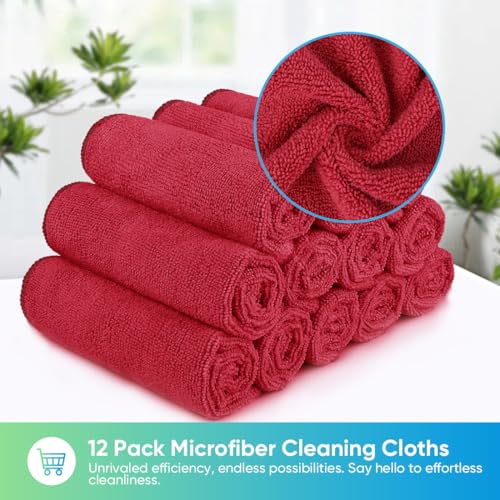 image for HOMEXCEL Red Microfiber Cleaning Cloth, 12 Pack Premium Microfiber Tow