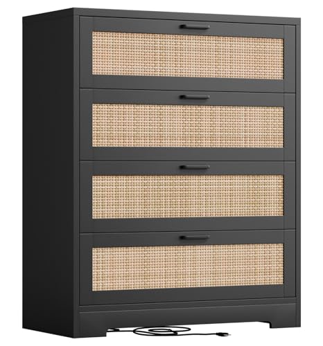 GarveeHome Rattan Dresser, Tall Chest of Drawers, Wood Dresser for Bedroom, Closet, Living Room, Hallway (Black, 15.8" D x 31.5" W x 38.6" H (4 Rattan Drawers))