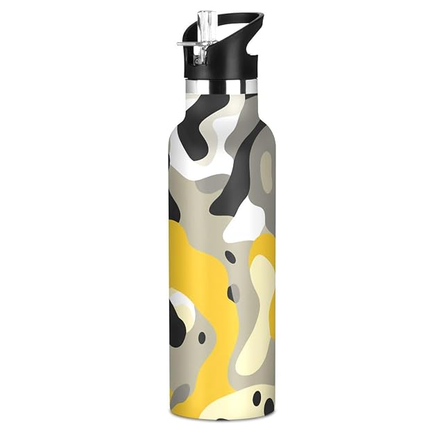 Camouflage Yellow Leakproof BPA Free Kids Water Bottle with Straw Double Wall Vacuum Insulated Bottles for Travel Camping