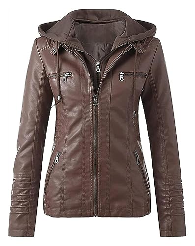 Veste en cuir synthétique marron avec capuche amovible pour femme