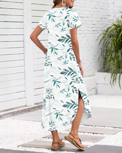 Image of MISFAY Women's Summer Maxi Dress 2026 Casual Short Sleeves V Neck Loose Sundress Split Long Beach T Shirt Dress