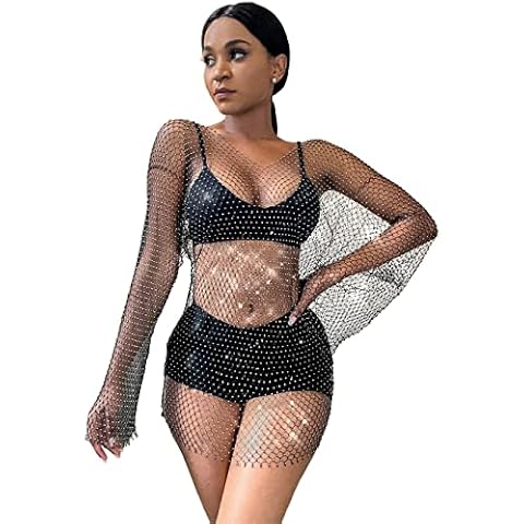 Ingemark Fashion See Through Rhinestone Fishnet Bikini Cover Up for Women Shiny V-Neck Long Sleeve Swimwear Mesh Top (Black) Cover