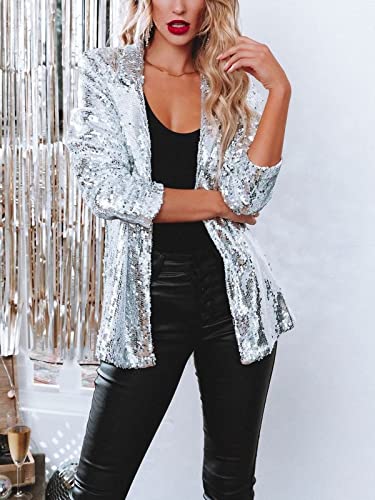 Women Sequin Jacket Glitter Sparkle Open Front Casual Long Sleeve Blazer Coat3