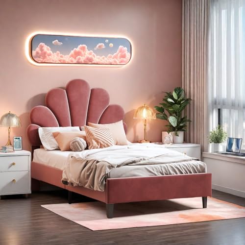 FEEOHOME Kinderbett, 90 x 200 cm, Prinzessinnenbett, Bettrahmen mit floralem Kopfteil und Lattenrost, gepolstertes Bett aus Samt für Kinder,...