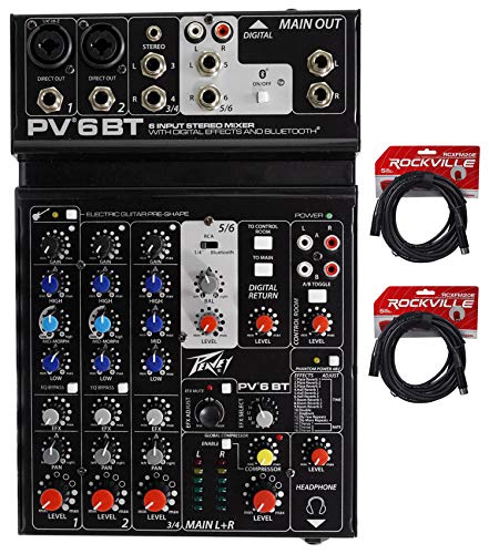 Peavey PV 6BT PV6BT Mixer, 2 Mic In, Bluetooth/USB/Compressor/FX+(2) XLR Cables