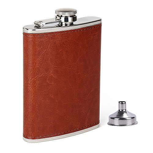 GDLF Men Hip Flask, Stainless Steel Flask, Brown Leather Pocket Drinking Flask for Storing Whiskey Alcohol Liquor, 8 oz