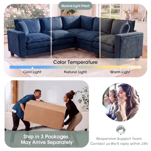 Image of 97 inch V Shaped Sectional Couch, Comfy Chenille Upholstered Modular Cloud Sofa, Convertible L Shaped Corner Couch with Storage Armrests & 2 Pillows, 5 Seat Sectional Couches for Living Room, Blue