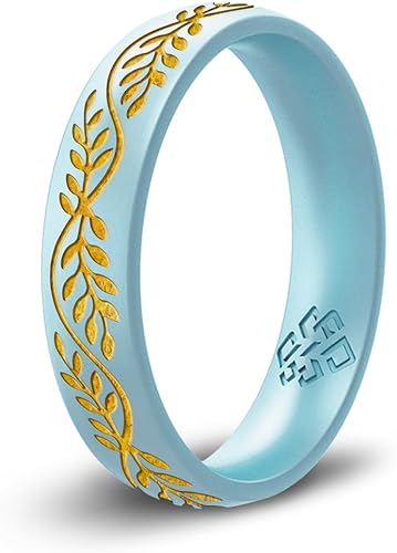 Miniatura 6 de Knot Theory Juego de 2 anillos de silicona de filigrana, floral o hoja de laurel, con anillo apilable fino dorado, anillo de boda de silicona