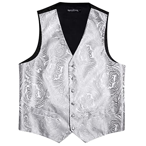 Image of Barry.Wang Mens Silver Suit Vest Paisley Jacquard Silk Ties Handkerchief Cufflinks Waistcoat Set Wedding Party Tuxedo 5PCS
