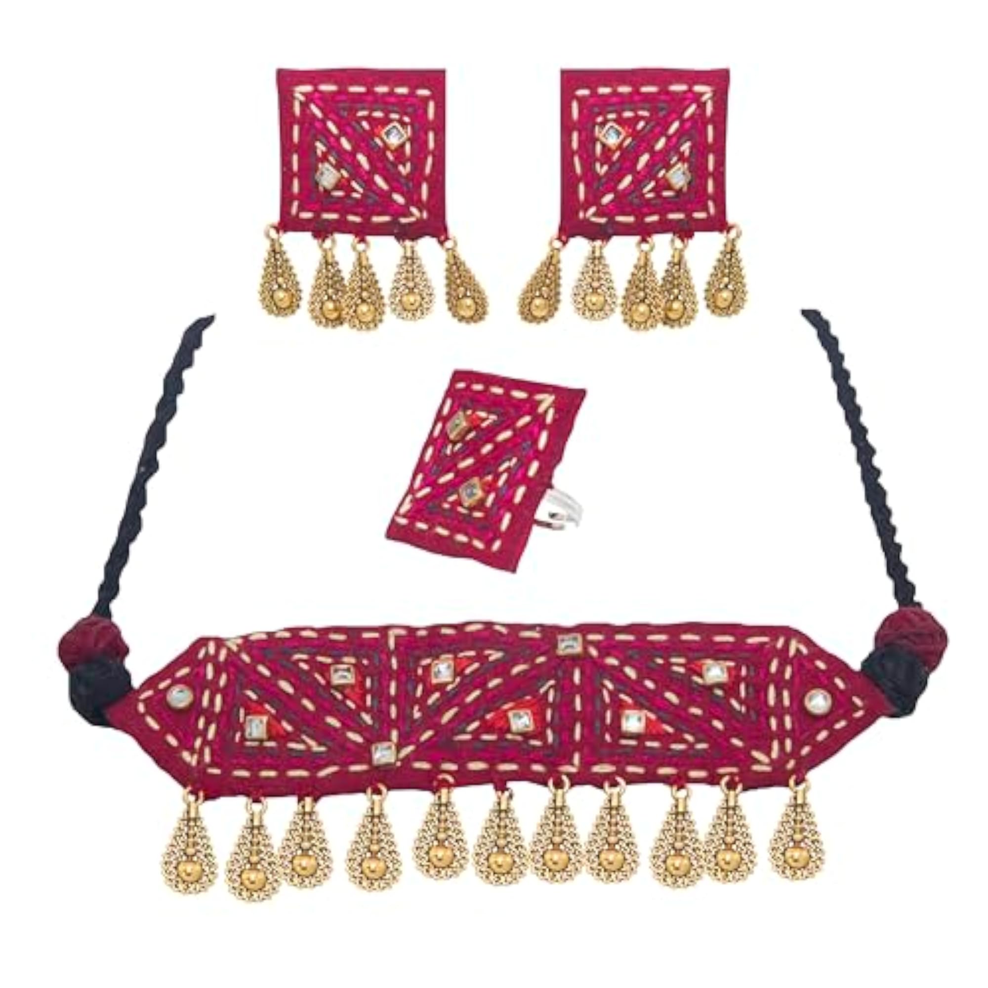 Women's Traditional Choker Necklace Set with Earrings and Ring, Maroon Fabric