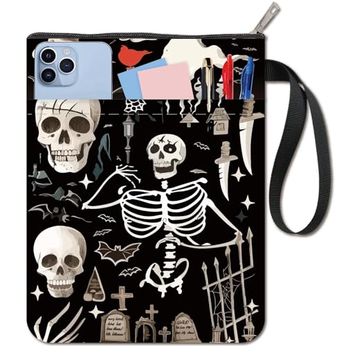 CRASPIRE Custodia per Libri con Teschio Halloween Pipistrello Coltello Grave Protezione per Libri Copertine per Libri in Brossura Copertina per Libri in Tessuto Lavabile con Cerniera e Tasca Extra
