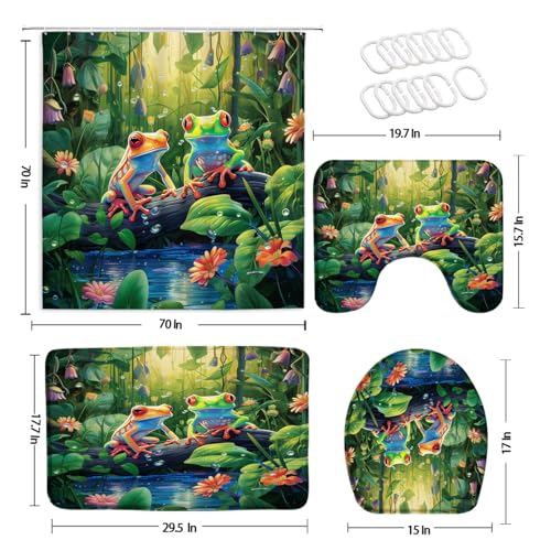 Zzysks 4Pcs Tropical Forest Frog Shower Curtain Set Cute Animals Green Leaves Jungle Flowers Plant Spring Theme Bathroom Toilet Lid Cover Non-Slip Rugs 12 Hooks thumb #1