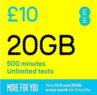 EE 20GB Pay As You Go Sim Card includes £10 pre-paid credit, 20GB Of Data, 500 Minutes & Unlimited Texts For 30 Days.