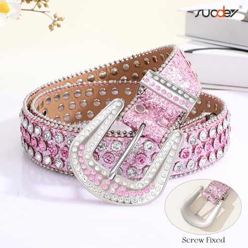 Image of Women Fashion Rhinestone Belt SUOSDEY Western Cowgirl Bling Studded Design Leather Diamond Belt for Jeans Dress, 07-pink(silver Buckle), S：fits pants size 28''-32''
