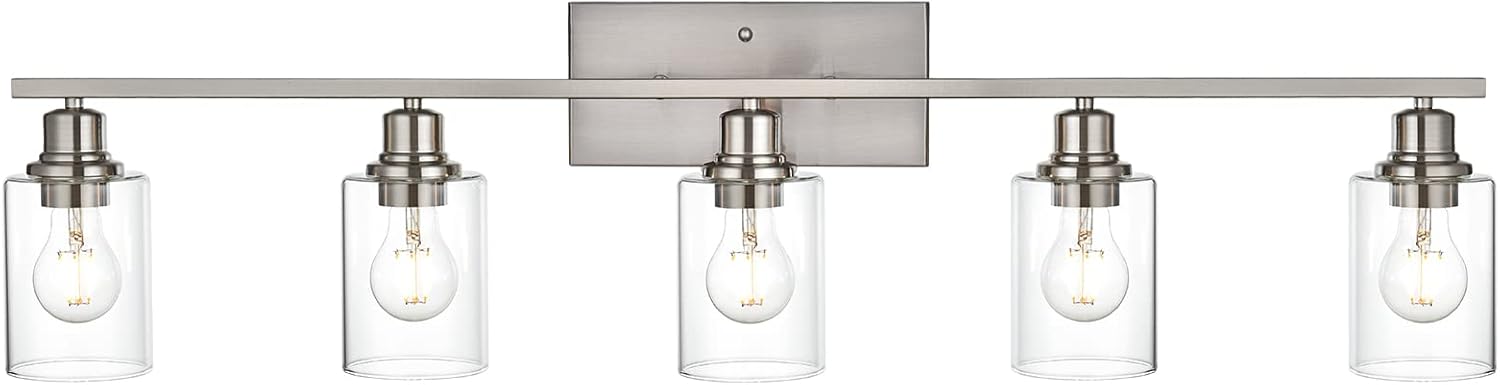 VINLUZ 5-Light Bathroom Vanity Light Fixtures in Brushed Nickel Finish Indoor Wall Sconce Lighting Over Mirror with Clear Glass Shade for Living Room, Bedroom, Hallway