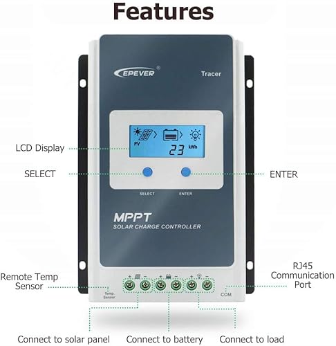 Vista 2 de EPEVER Controlador de carga solar MPPT de 40 A 12/24 V CC Tracer-an Series Controlador de carga con medidor remoto MT52 y sensor de temperatura