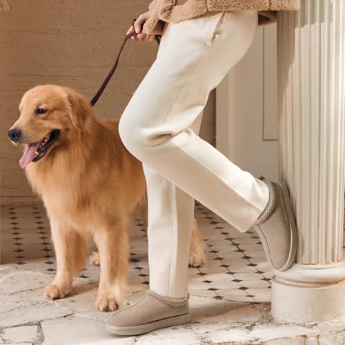 DREAM PAIRS Women's Fuzzy Cozy Slippers Genuine Suede Indoor Outdoor Fluffy Home Comfy Winter Slip On Cute Warm Memory Foam Furry Shoes FuzzyEasy,Size 7W,Sand,SDSL25001W-W