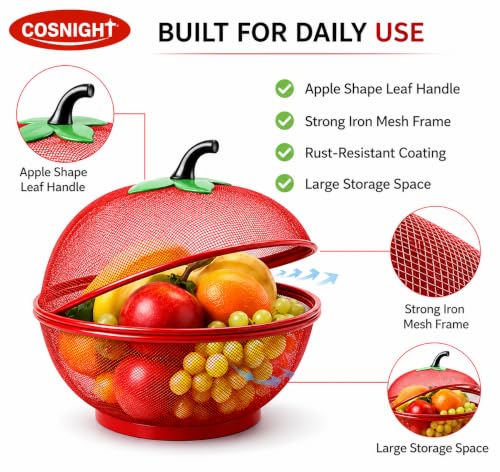 Image of Khushi Liquid Apple-Shaped Fruit & Vegetable Basket with Protective Net Mesh Cover - Decorative Kitchen Storage Stand for Dining Table - Multi-Color (Medium, Pack of 1) (RED)