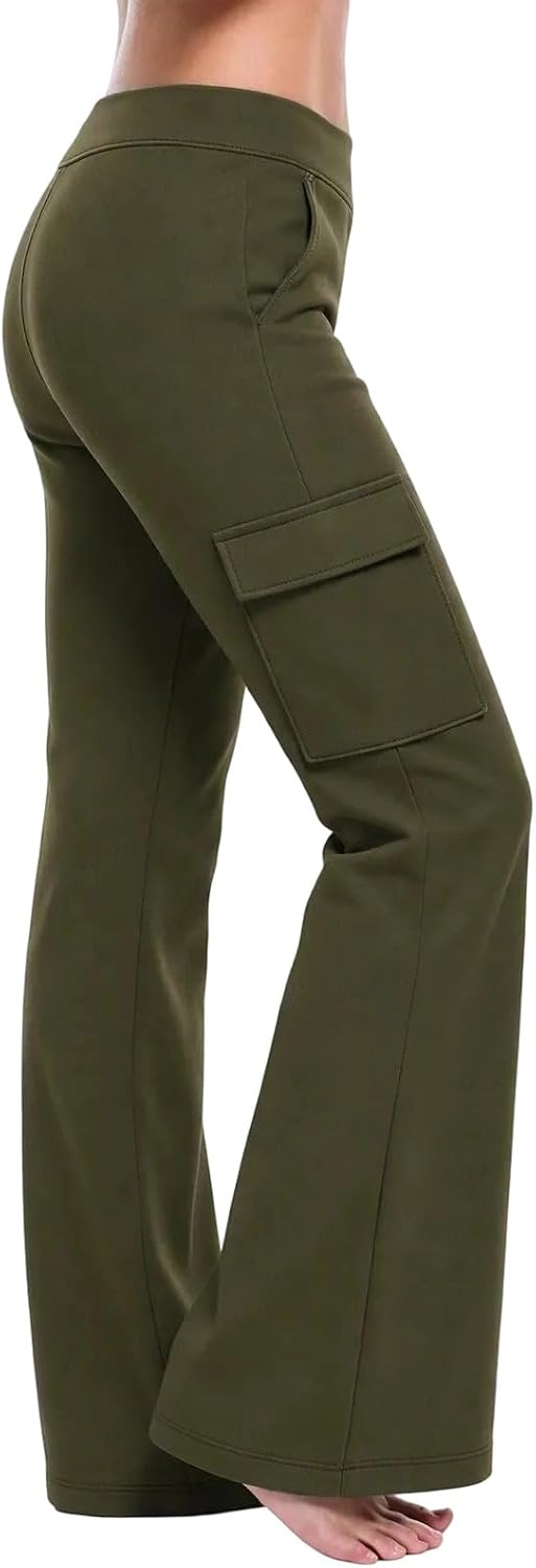 Women High Waist Thick Thermal Cargo Flare Leggings with Pockets