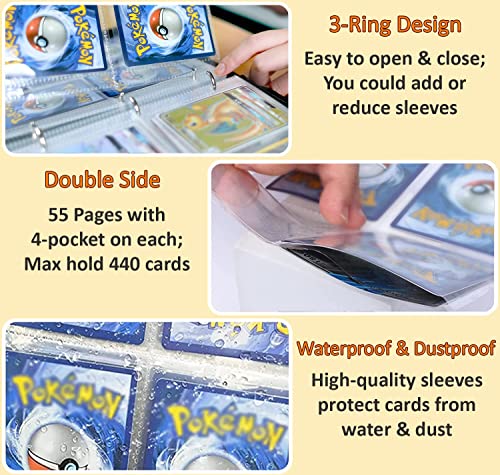 55 Pages Trading Card Binder Holder For 440 Роkrmоn Cards Sleeves Collection, 4 Pocket Collectible Trading Card Albums Case Guardian Football, Basketball, Soccer, Baseball 3 Ring Sports Collector Book #TOP4