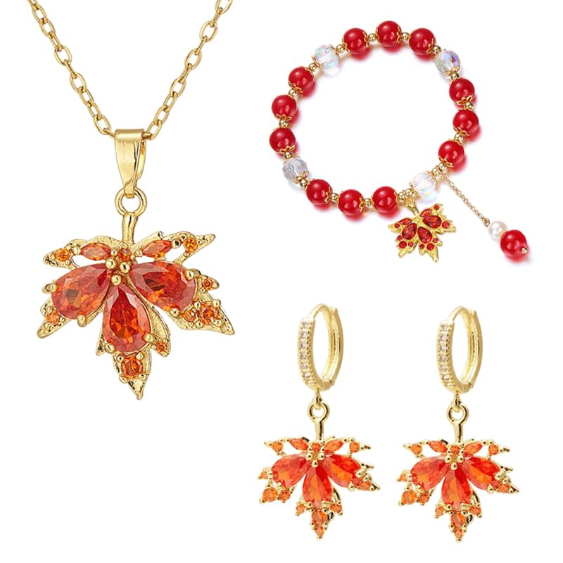 3 Pares de Pulseras de Oro y Juego para Mujer, Pendientes únicos de Hoja de Arce, Pulsera de Acción de Gracias, Collar Delicado