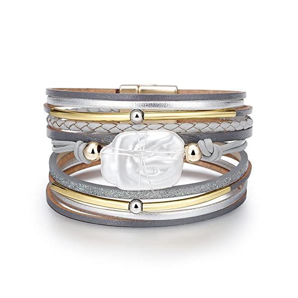 Fesciory Leopard Bracelet for Women, Boho Leather Wrap Multi-Layer Pearl Crystal Bracelet Bangle Jewelry(Gray Leather(Pearl))