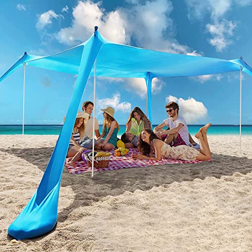 Image of Beach Tent Canopy, UPF50+ Beach Shade Portable Sun Shelter with 4 Poles, 4 Sandbags & Carrying Bag, Family Beach Sunshade for Beach, Camping, Picnic, Backyard (Blue 11x10 FT) (Sky Blue 7x7FT)