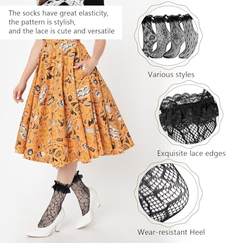 Image of 4 Pairs Women's Lace Trim Ruffle Frilly Ankle Socks - Black Mesh Lace Socks for Women