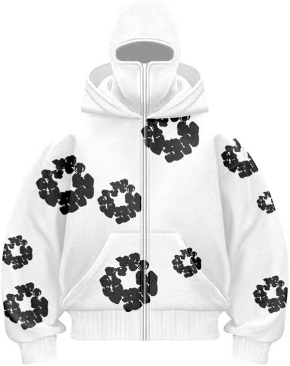 Y2K Men's and Women's Full Zipper Mask Double Hoodie Retro Bubble Printed Hip Hop Street Loose Hoodie Sweatshirt