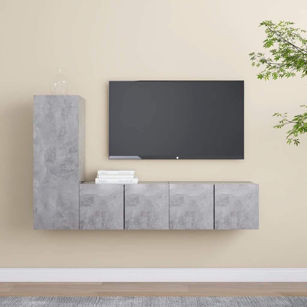 3-TLG. TV-Schrank-Set Betongrau, Holzwerkstoff, Hängend, Modernes Media-Center, für Wohnzimmer, Schlafzimmer, Entertainment-Möbel