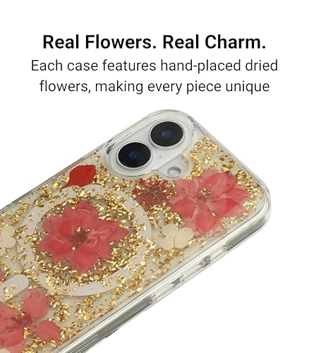 Image of Mag Flower Series Case for iPhone 16 Compatible with Wireless Charging | Real Dried Flower Embedded Design | Slim Transparent Shockproof Back Cover | Red Edition
