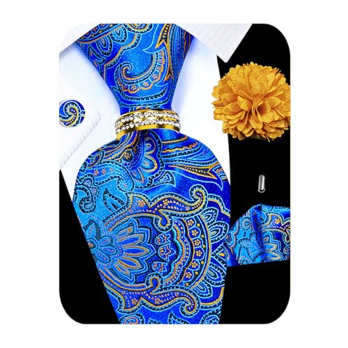 Image of 5PCS Tie and Pocket Square for Men, Silk Necktie and Handkerchief Cufflinks with Gold Ring and Lapel Pin Set