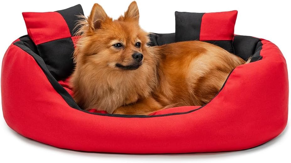 Empire World Velvet Dog Bed Washable Cat Beds for Indoor Cats and Puppy, Dog Bed Sofa for Dogs, Gift for Dogs and Cats, Oval Bed. (L 80 x B 65 X H 17 cm, Red-Black) (B0D34XF4LR) Amazon Price History, Amazon Price Tracker