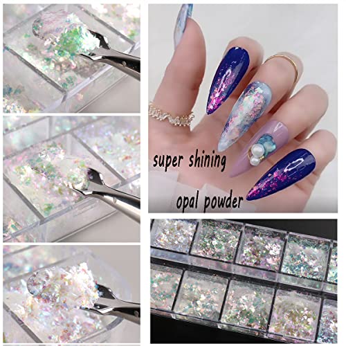 Holographic Opal Nail Art Glitter Flakes Powder Aurora Iridescent Pigment Ice Crystal Mermaid Paillettes Sparkly Sequins Design For Manicure Decoration Accessories 12 Grids #TOP1