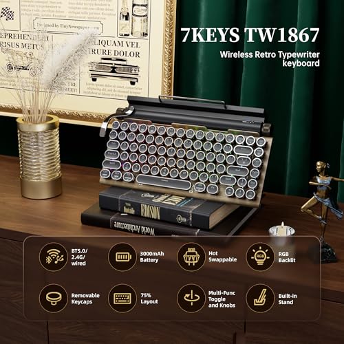 Image of 7KEYS Typewriter Keyboard Wireless Retro Style, Vintage Classical Mechanical Keyboard with Bluetooth for IPAD PC /Laptop Mac /Phone (Wood+Wrist)