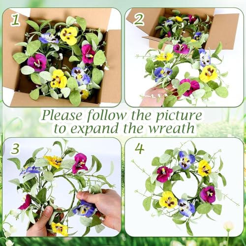 Image of 4 PCS Mini Spring Summer Kitchen Cabinet Wreaths Small Pansy Flowers Wreath for Front Door with Fern Branches Ribbon Small Flocked Lamb Ear Leaves Wreath for Indoor Outdoor Farmhouse Porch Wall Decor