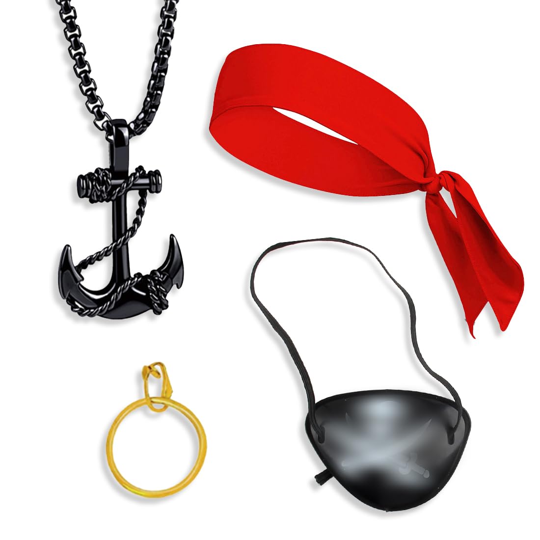 Kit Accessoire Costume Pirate - 7 Pièces : Bandana, Ceinture, Cache-Oeil, Bracelets, Bijoux - Halloween Cosplay