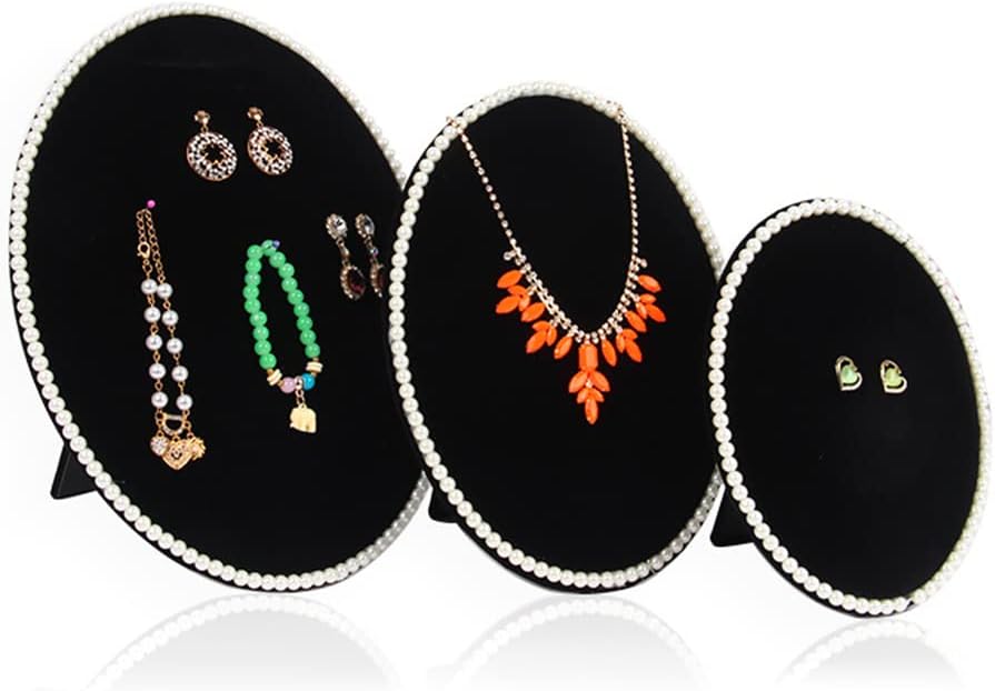 GISELA D 3Pcs Velvet Necklace Display Stand Oval Plate Bracelets Organiser Adjustable Jewelry Pendant Holder (Black)